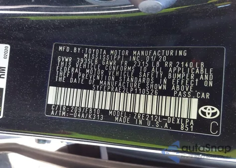 2020 Toyota Corolla Le из США, поврежденный, VIN 5YFEPRAE2LP110526